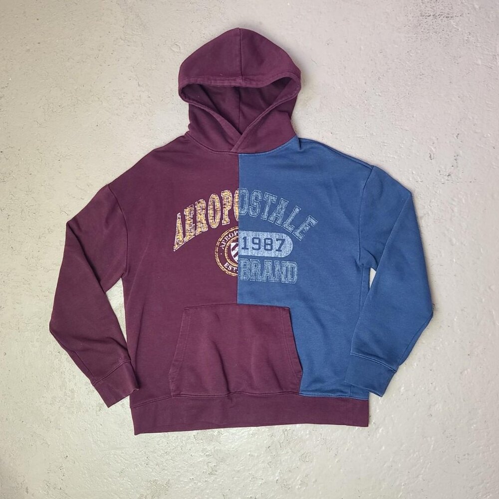 Retro 'Aeropostale' burgundy/navy split logo hoodie pullover sweatshirt men's XL